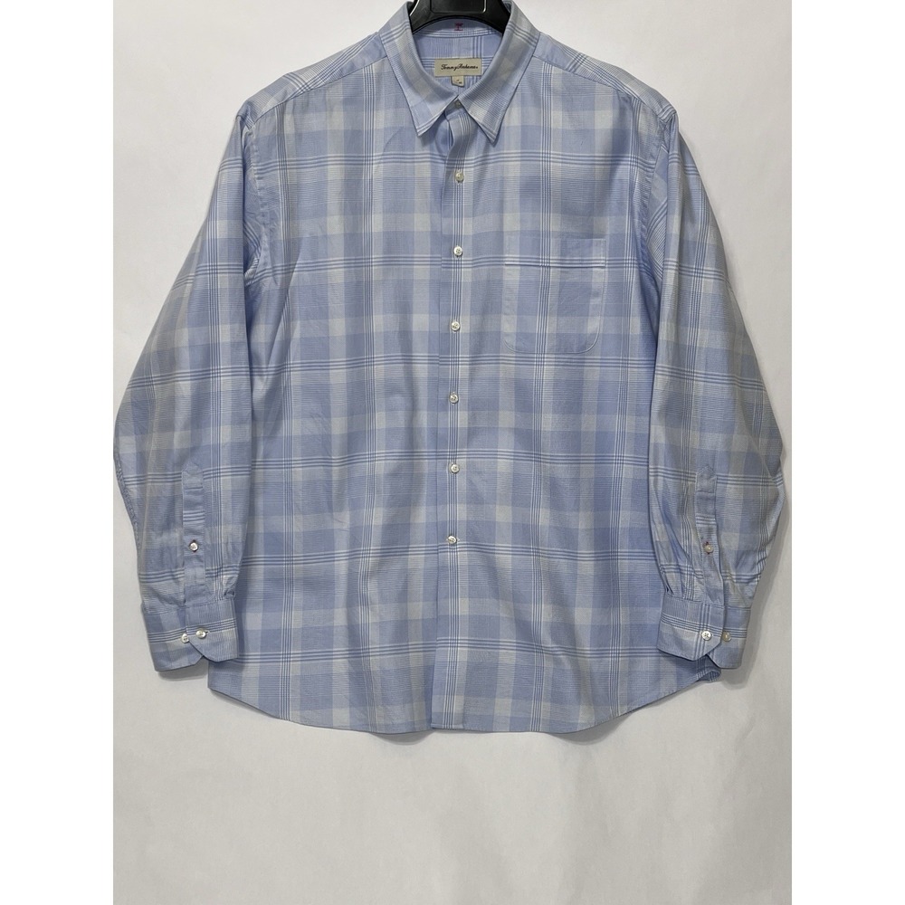 Tommy Bahama Men Size 17 34-35 Plaid Long Sleeve Button Shirt Baby Blue - Picture 1 of 7